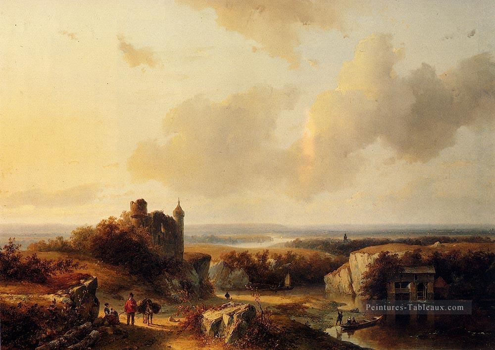 Un paysage fluvial étendu avec des voyageurs néerlandais Barend Cornelis Koekkoek Peintures à l'huile